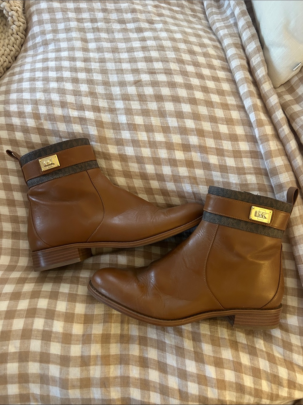 Michael Kors Cognac Leather Ankle Boots with Signature Plaque